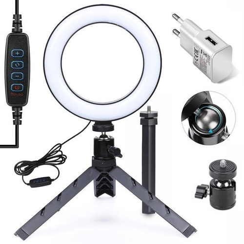 Ring LED ring lamp 16 cm with a tripod 34 cm and a network charger