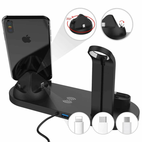 WD-02 | Estación de acoplamiento QI para Apple iPhone Airpods Watch | cargador inalámbrico 15W | 3 enchufes - USB-C / Lightning / Micro USB