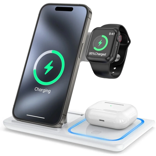 Faltbares kabelloses Ladegerät | Ladestation für iPhone, Apple Watch und AirPods | 15 W | MD-DK15-15W-W