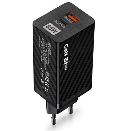 GaN | 65W fast wall charger with USB and USB-C PD 3.0 ports 