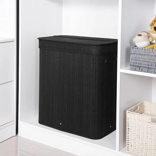 RYL-100L-NERO | Cesto per la biancheria nero | Contenitore per giocattoli in bambù | Cesto porta abiti in legno | Portabiancheria a due scomparti per il bagno