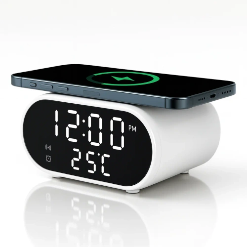 Intelligent vækkeur med Qi 15 W trådløs oplader | vækkeur med tre alarmer | ur med temperaturdisplay | SZ06-15W-W