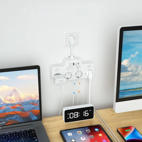 Stekkerdoos met 4 Schuko stopcontacten 45° met USB-A, USB-C PD 20 W en Lightning | BGS-A+C+L-W