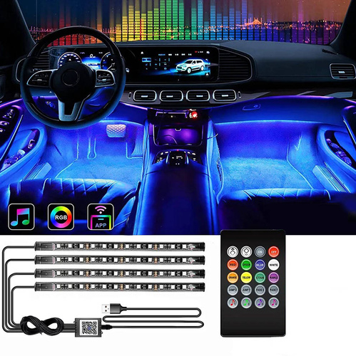 RGB-LED Innenbeleuchtung Auto | Ambientebeleuchtung Auto Atmosphäre Licht mit APP | Wasserdicht | Strip mit Zigarettenanzünder | 4x LED-Streifen 12 LEDs 5050 22cm | IR-Fernbedienung | Musikmodi