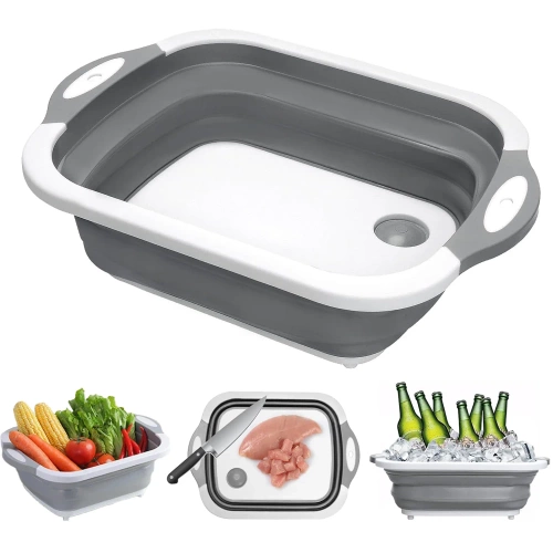  ZXS-398-GRAY | Foldable bowl with drain | Camping bowl | Bowl with cutting board