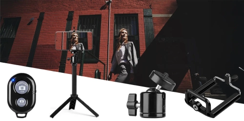 Mobilt fotosæt med et 25 cm stativ og Bluetooth-fjernbetjening | Telefonholder, 360° hoved til fotos og videoer |