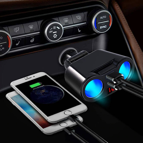 C10 | Cigarette lighter socket splitter with 2 USB 3.1A ports | voltmeter