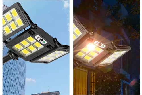 LED-Gartenleuchte solarbetrieben mit Bewegungs- und Dämmerungssensor IP65 | 3 verstellbare Paneele | 360 COB-LEDs | IR-Fernbedienung | LD-W786