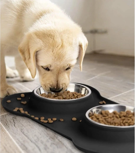 SBL-292-BLACK | Double pet bowl | Bowl with silicone anti-slip pad | Set of two metal bowls