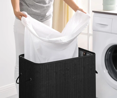 RYL-100L-NOIR | Panier à linge noir | Conteneur de jouets en bambou | Panier à vêtements en bois | Panier à linge à deux compartiments pour la salle de bain