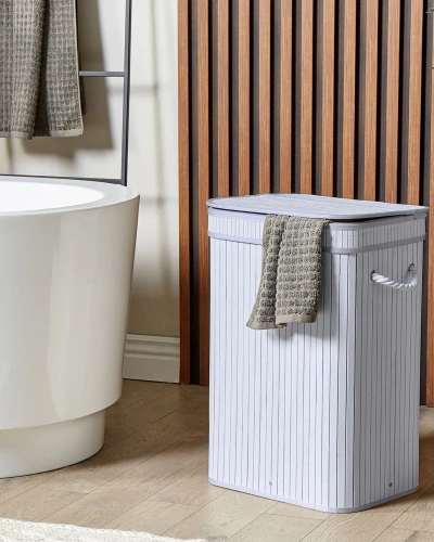 UYL-80L-BIANCO | Cesto per la biancheria bianco | Contenitore per giocattoli in bambù | Cesto porta abiti in legno | Portabiancheria monovano per il bagno