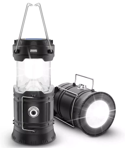 LED-Campinglampe mit Solarbetrieb, Taschenlampe mit Powerbank-Funktion | schwarz | HWL-001-EU