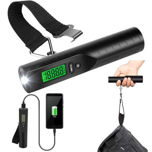 Elektronische Gepäckwaage | Powerbank 3000mAh, Taschenlampe, Thermometer | bis 50kg ±10g | OSC-38