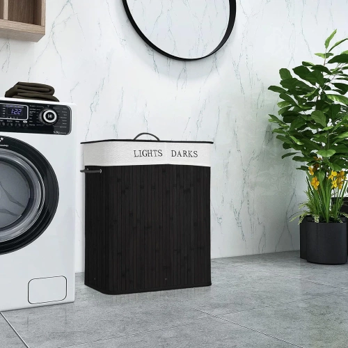 ZYL-100L-NERO | Cesto per la biancheria nero | Contenitore per giocattoli in bambù | Cesto porta abiti in legno | Portabiancheria a due scomparti per il bagno