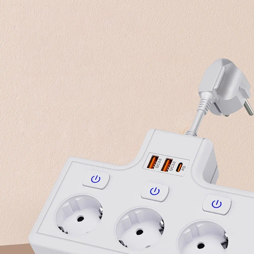 Power strip with 4 Schuko sockets 45° with USB-A, USB-C PD 20 W and Lightning | BGS-A+C+L-W