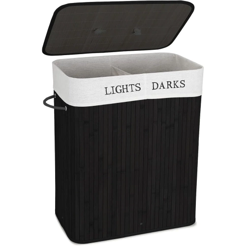 ZYL-100L-BLACK | Black laundry basket | Bamboo toy box | Wooden clothes basket | Two-compartment laundry basket for the bathroom