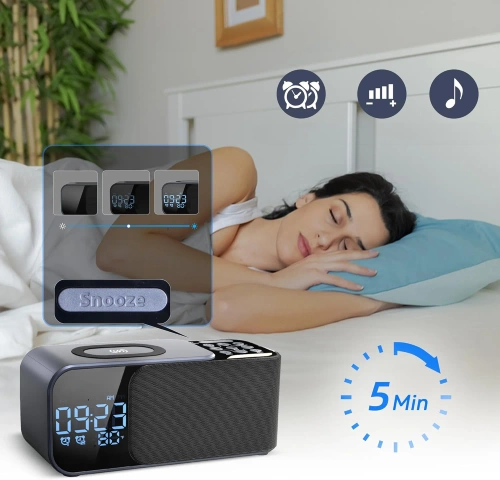 WD-500-BK | FM-radio met wekker en draadloze oplader | Multifunctionele wekker met Bluetooth