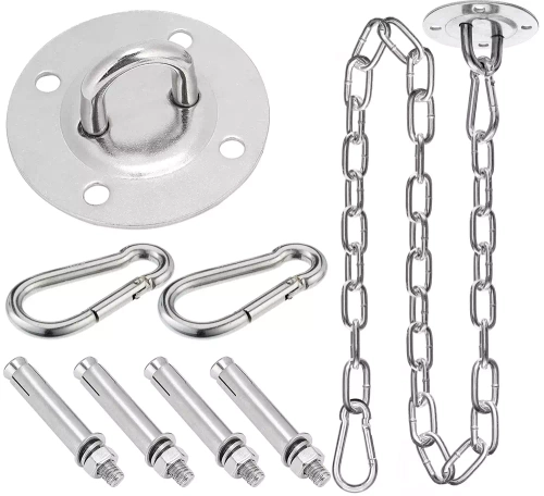 Montageset für Hängesessel, Schaukeln, Hängematten | Halterung, Kette 1,5 m, 2x Karabiner, 4x Dübel | ACS-08-silber