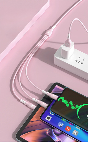 B2-3em1-rosa | Cabo USB com três plugues de carregamento