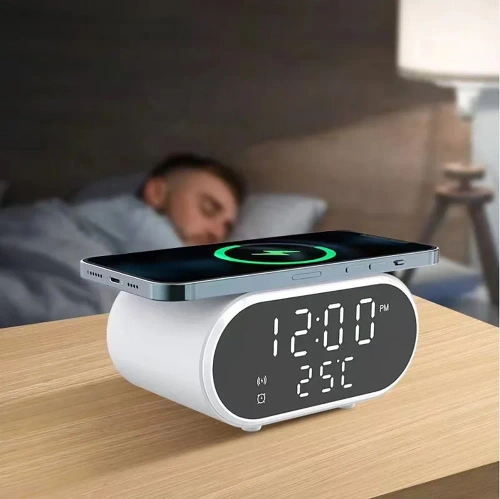Réveil intelligent avec chargeur sans fil Qi 15 W | réveil avec triple alarme | horloge avec affichage de la température | SZ06-15W-W