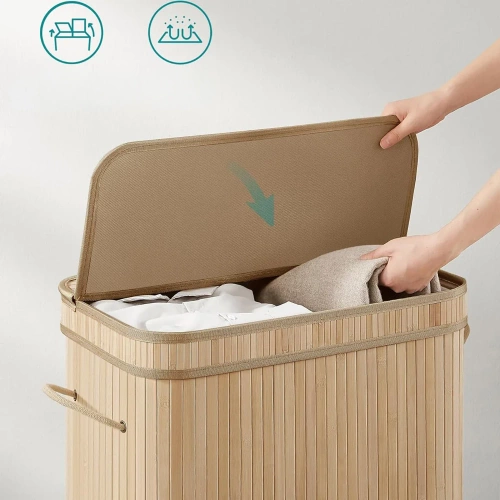 RYL-100L-LIBR | Cesto para la ropa sucia de madera natural | Contenedor de juguetes de bambú | Cesta de ropa de madera | Cesto de ropa sucia de dos compartimentos para el baño.