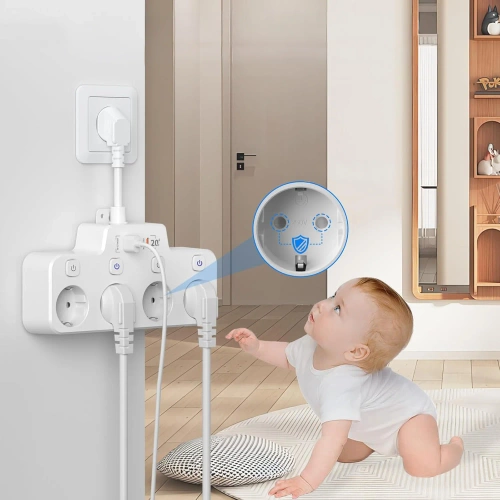 Strømfordeler med 4 Schuko-udtag 45° med USB-A, USB-C PD 20 W og Lightning | BGS-A+C+L-W