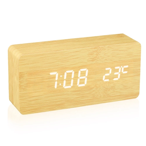 Reloj digital de madera con pantalla LED y termómetro | despertador con 3 alarmas | SXM-016