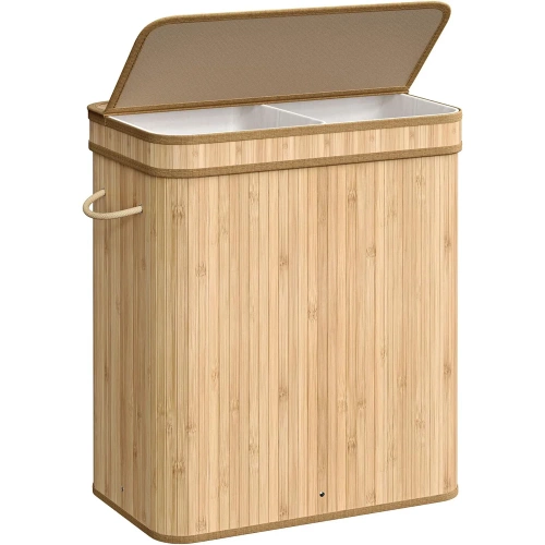 RYL-100L-LIBR | Houten, naturel wasmand | Bamboe speelgoedcontainer | Houten kledingmand | Wasmand met twee vakken voor de badkamer