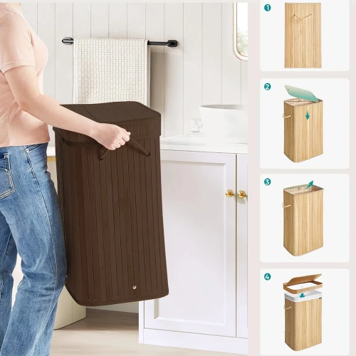 UYL-80L-DABR | Cesta de lavandería marrón | Contenedor de juguetes de bambú | Cesta de ropa de madera | Cesto de ropa sucia de un compartimento para el baño