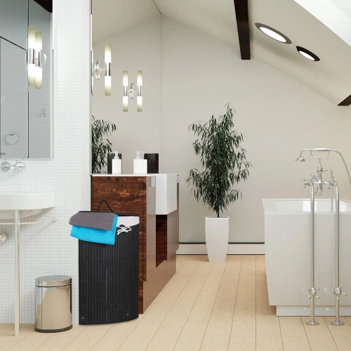 AYL-60L-BLACK | Black laundry basket | Bamboo toy box | Wooden clothes basket | Single-chamber bathroom laundry basket | Corner basket