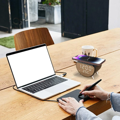 Slimme LED-wekker met 15W Qi-oplader, thermometer en 3 alarmen | USB-klok voor slaapkamer | SZ07-15W-BR