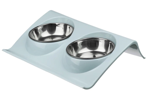  JDW-024-BLUE | A set of bowls for a dog or cat | Double metal bowls with stand | Steel bowls for food and water 