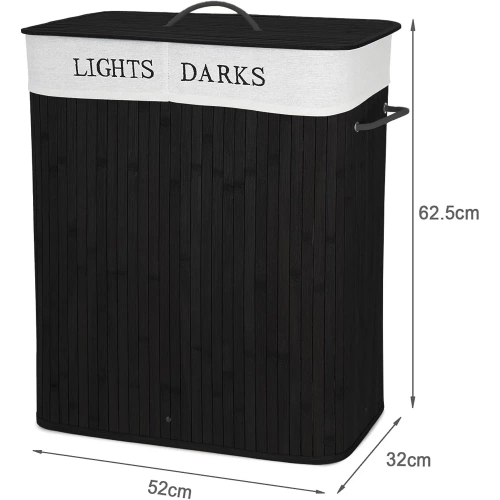 Wäschekorb | 100 l | zweigeteilt, aus Bambus und Holz, auch als Spielzeugbox geeignet | schwarz | ZYL-100L-BLACK
