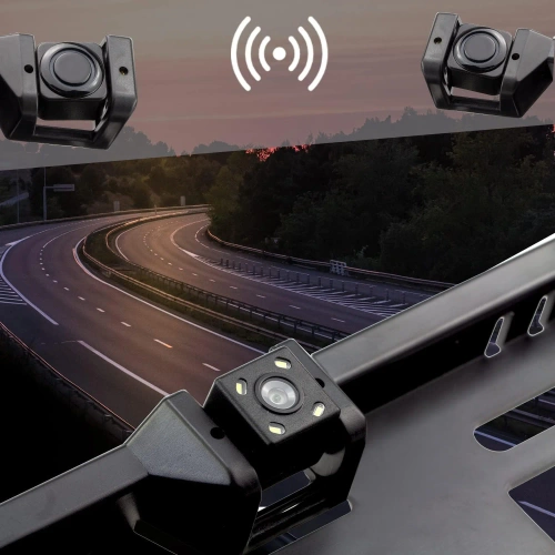 Cadre de plaque d'immatriculation avec caméra de recul et capteurs de stationnement - 3 en 1 | Cadre de caméra de recul avec capteurs - grand angle, LED, étanche IP67