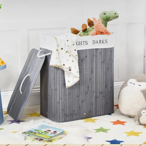 ZYL-100L-GRIJS | Grijze wasmand | Bamboe speelgoedcontainer | Houten kledingmand | Wasmand met twee vakken voor de badkamer