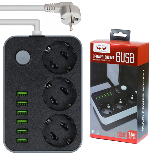 CX-U613 | Regleta Antisobretensiones 2M | 3 tomas de 230V y 6 tomas USB de 5V | cable de extensión de 2M