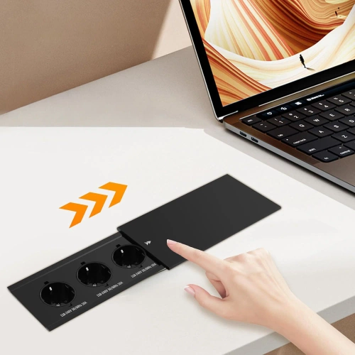 Beépíthető asztali aljzat tolófedéllel | dupla hálózati dugalj USB PD töltővel | fekete | JX-S329-BLACK