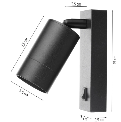 BD-C278-Negru | Lampă de perete neagră | Lampă de perete cu reflector mobil | Reflector cu filet GU10 | Lampă de noapte cu întrerupător