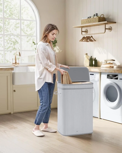 UYL-80L-BRANCO | Cesto de roupa branca | Recipiente de brinquedo de bambu | Cesto de roupa em madeira | Cesto de roupa suja com compartimento único para banheiro