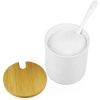 XM07-85-WHITE | Porcelain sugar bowl with spoon | Sugar container with bamboo lid
