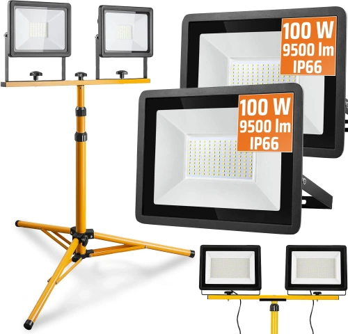 Arbeitsstativ 1,6M für Scheinwerfer | Beleuchtungsset mit 2 Halogenlampen 100W mit Stativ | FLT-1.6M