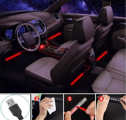 Iluminación interior del coche LED RGB vía USB | Conexión Bluetooth con la aplicación en el teléfono | 4x tira LED 12 diodos 5050 22cm | Control remoto por infrarrojos | modos de música