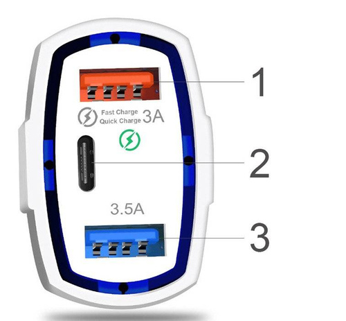 CA-005 | Snelle autolader 2x USB 1x Type-C | Snel opladen Quick Charge 3.0 | Omgevings-LED