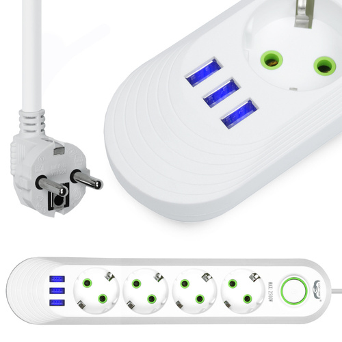 LH-F04U | Strømskinne 3 m | 4 stik + 3x USB | hvid