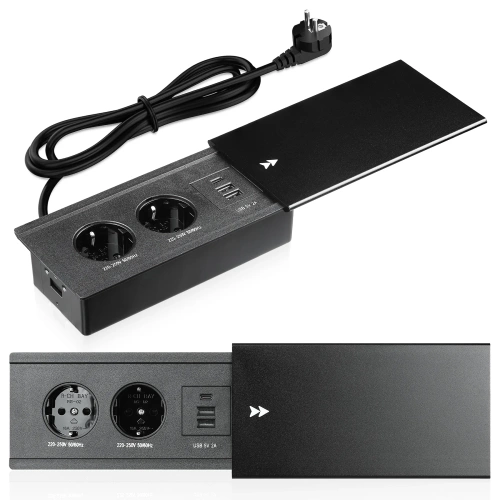 Süllyeszthető asztali aljzat tolófedéllel | dupla hálózati csatlakozó USB PD töltővel | fekete | JX-S328-BLACK