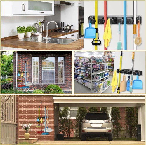 Holder for mops, rakes and brushes with hooks | 5 places + hooks | SL-005H