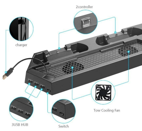 Új modell | HB-P06-3in1-B | Hűtőpárna PS4 / Slim / Pro | Dokkoló állomás HUB 3 USB-vel