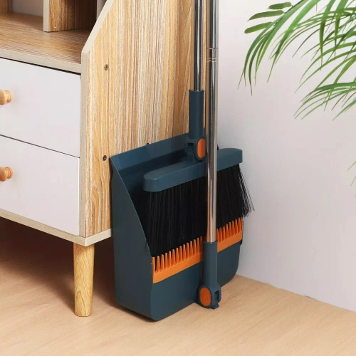 Ensemble de nettoyage avec balai et pelle à long manche | Balai à tête rotative et pelle pliable | FBS-2en1-Bleu