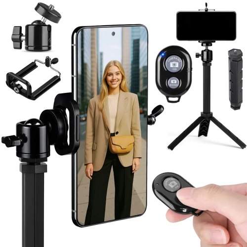 Kit de fotografia móvel com tripé de 25 cm e controle remoto Bluetooth | Suporte para celular, cabeça 360° para fotos e vídeos |