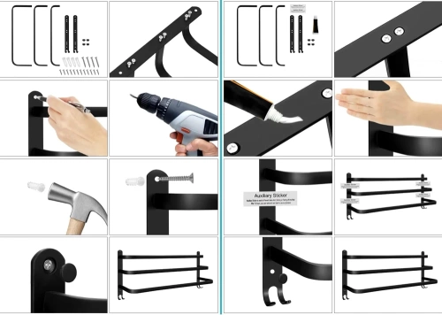 MJR-50CM-3-NOIR | Porte-serviettes | Support mural de salle de bain | Barre de salle de bain